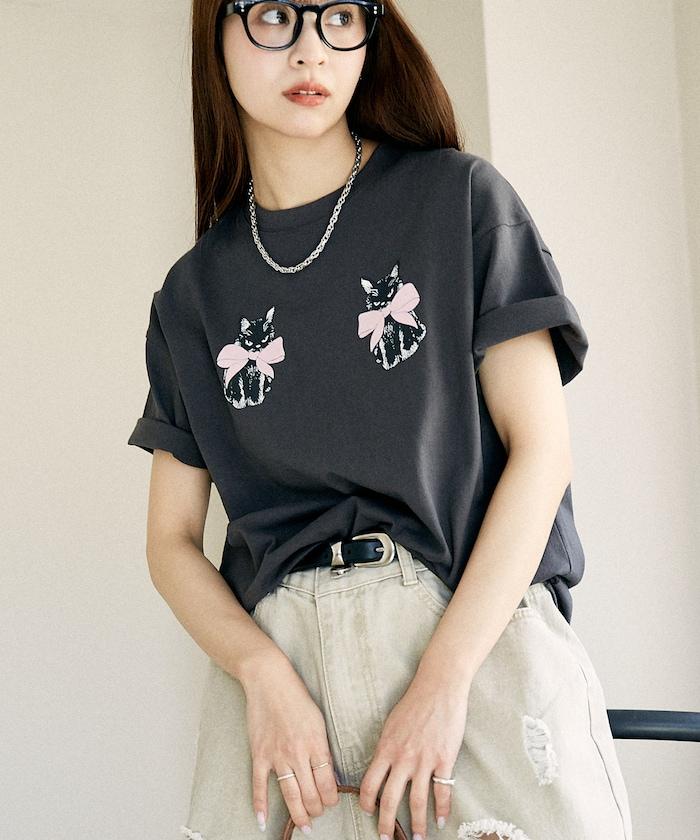 絨面絲帶貓咪印花T恤 限量