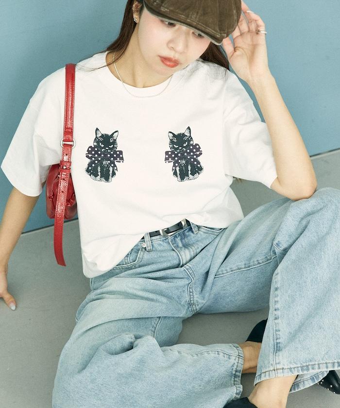 絨面絲帶貓咪印花T恤 限量
