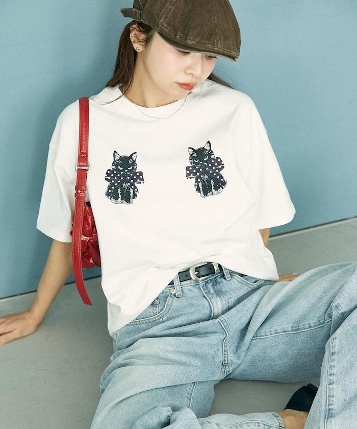 絨面絲帶貓咪印花T恤 限量