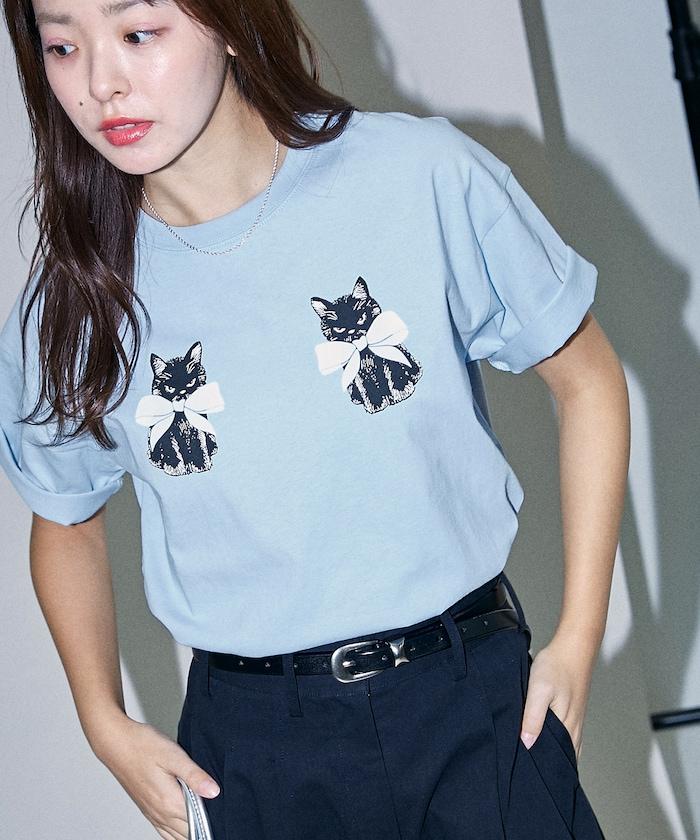 絨面絲帶貓咪印花T恤 限量