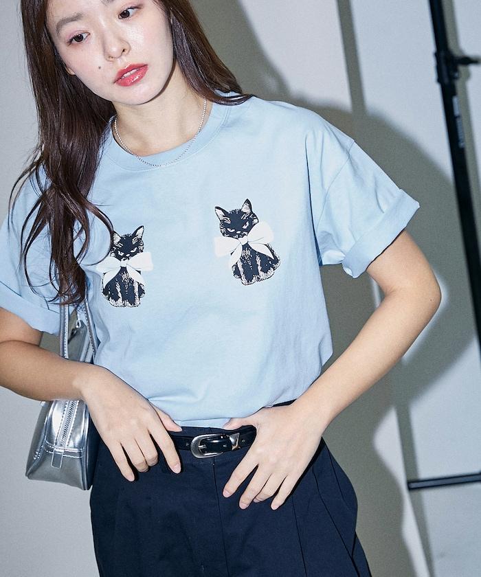 絨面絲帶貓咪印花T恤 限量