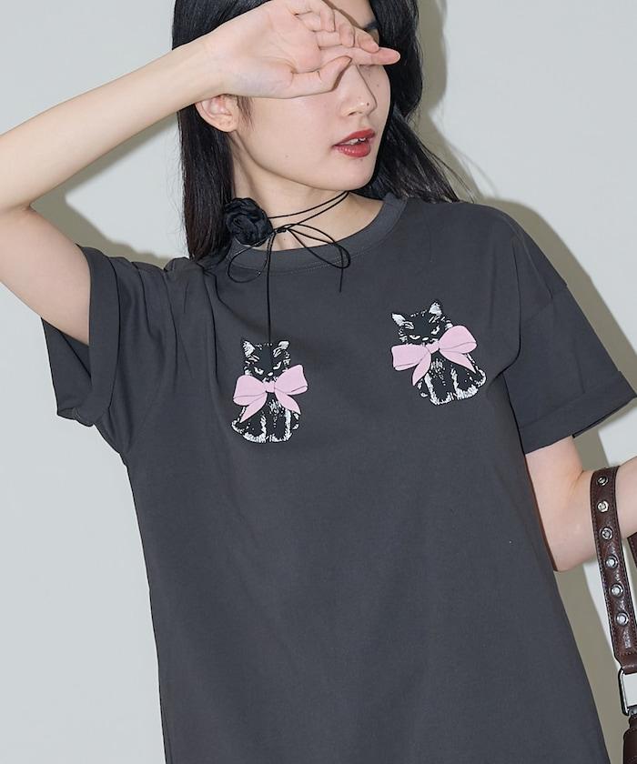絨面絲帶貓咪印花T恤 限量