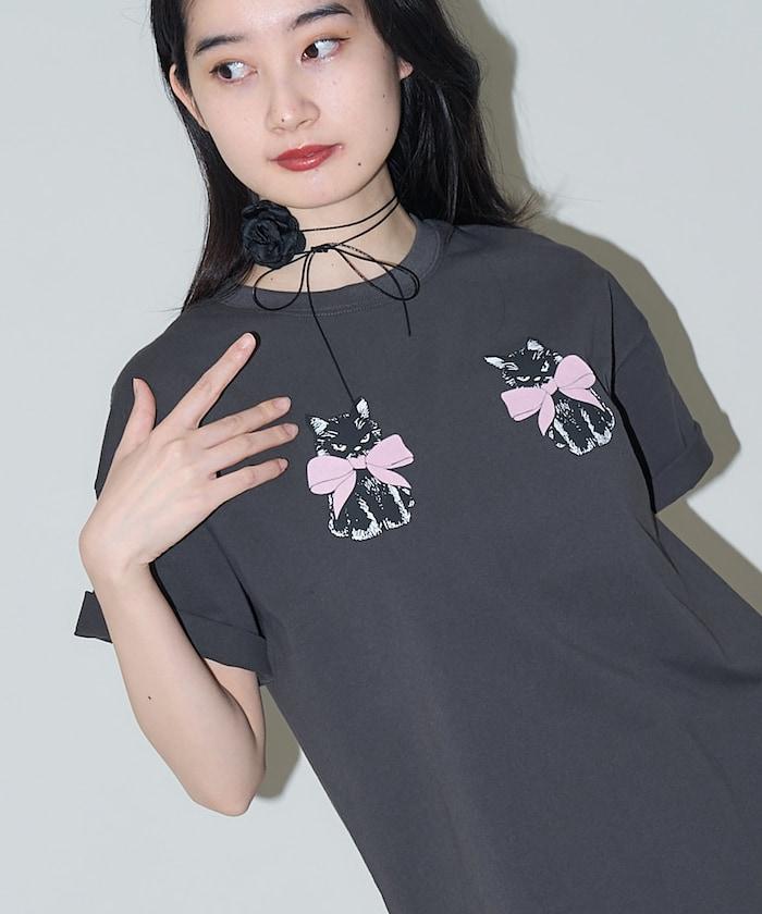 絨面絲帶貓咪印花T恤 限量