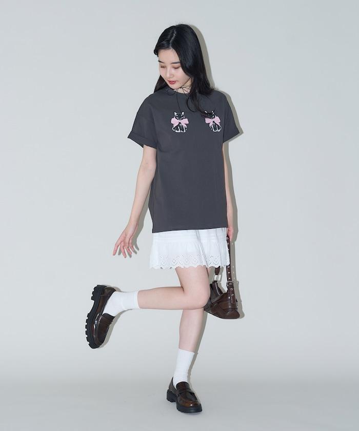 絨面絲帶貓咪印花T恤 限量