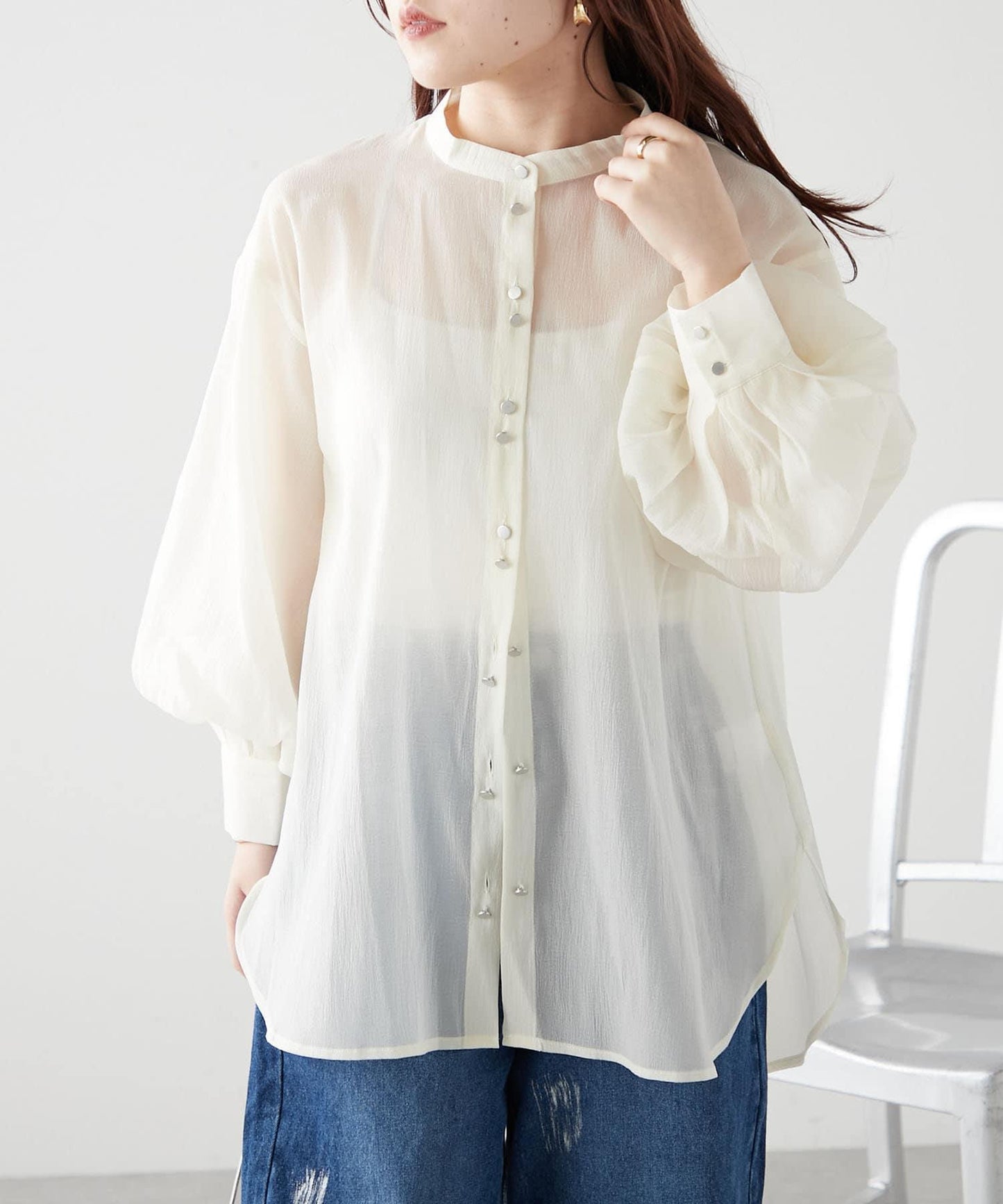 6色系、立領泡泡袖透視蕾絲襯衫