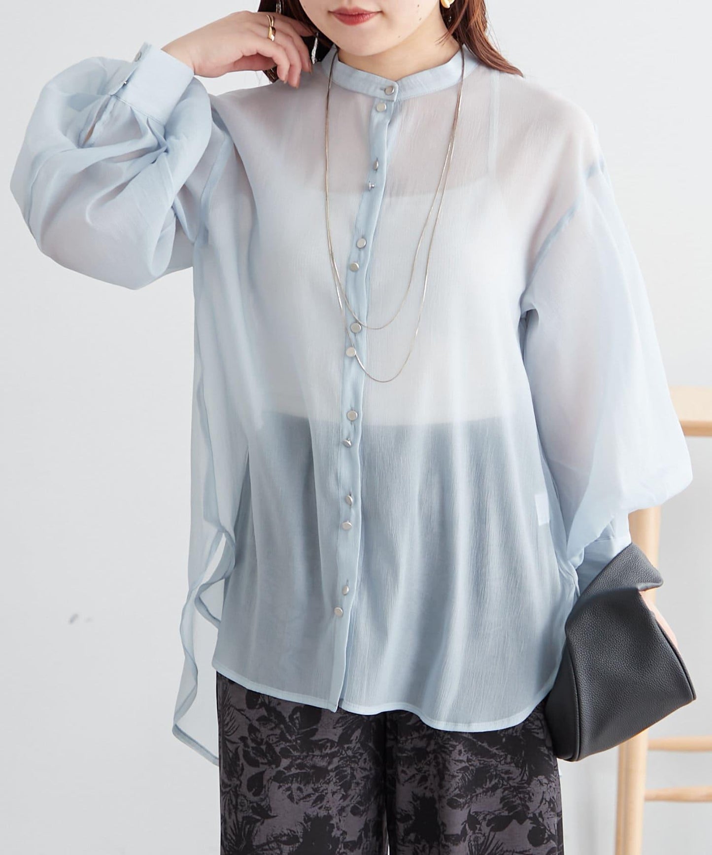 6色系、立領泡泡袖透視蕾絲襯衫