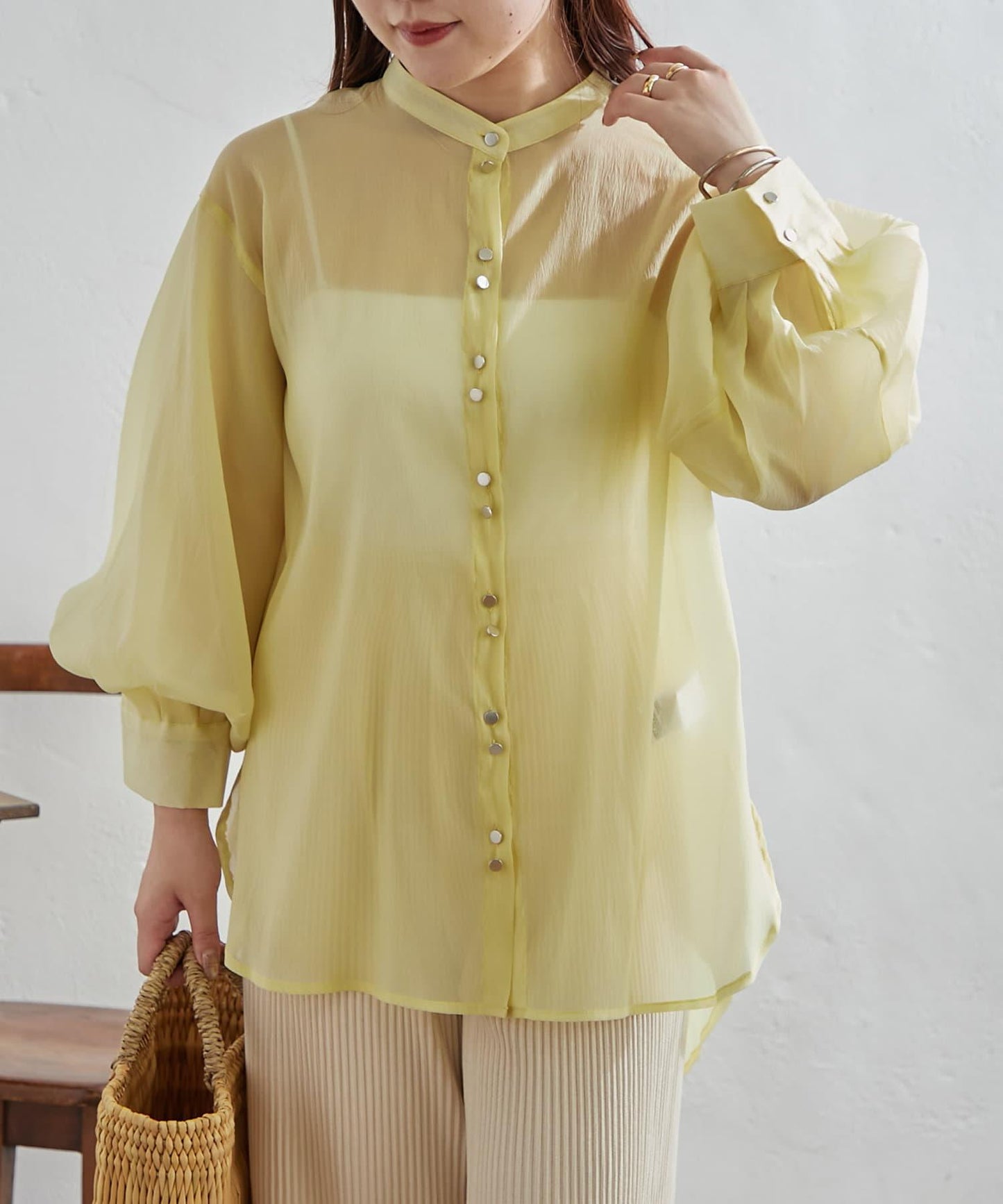 6色系、立領泡泡袖透視蕾絲襯衫