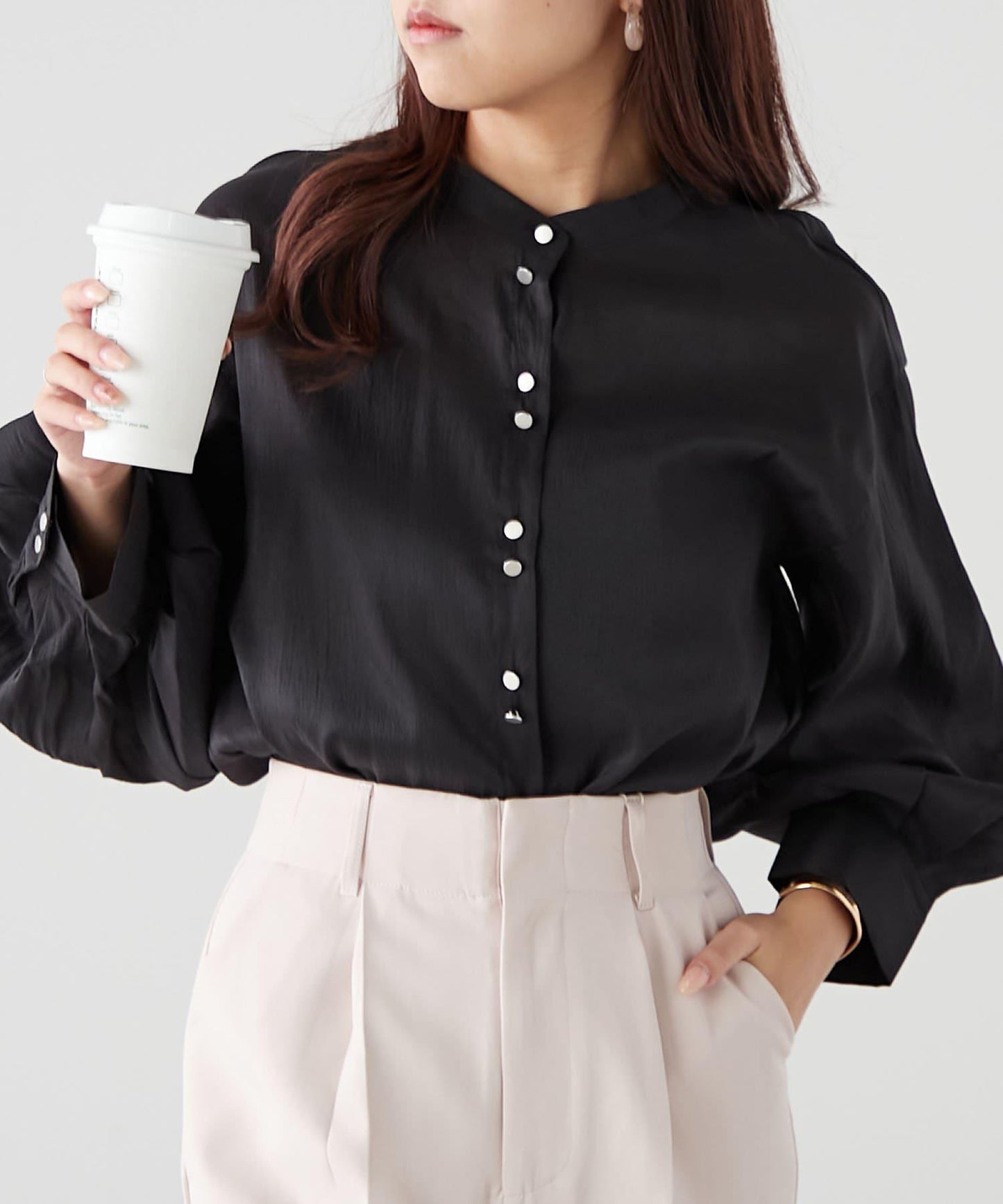 6色系、立領泡泡袖透視蕾絲襯衫