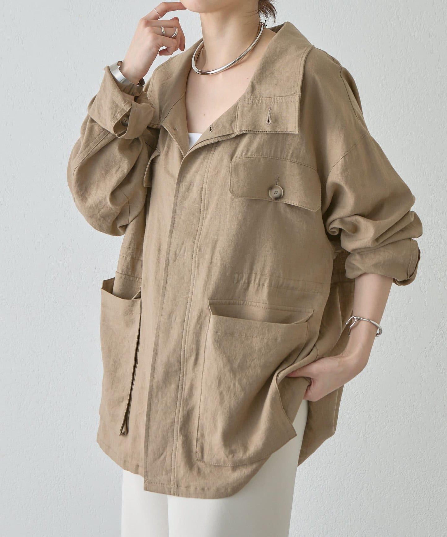 《潮流單品》《亞麻材質》軍事風亞麻襯衫夾克