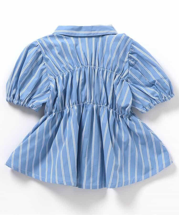 條紋綁帶抽褶束腰連衣裙
