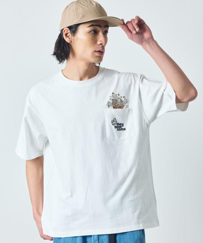 大尺寸 印花裝飾 圓領 帶口袋T恤