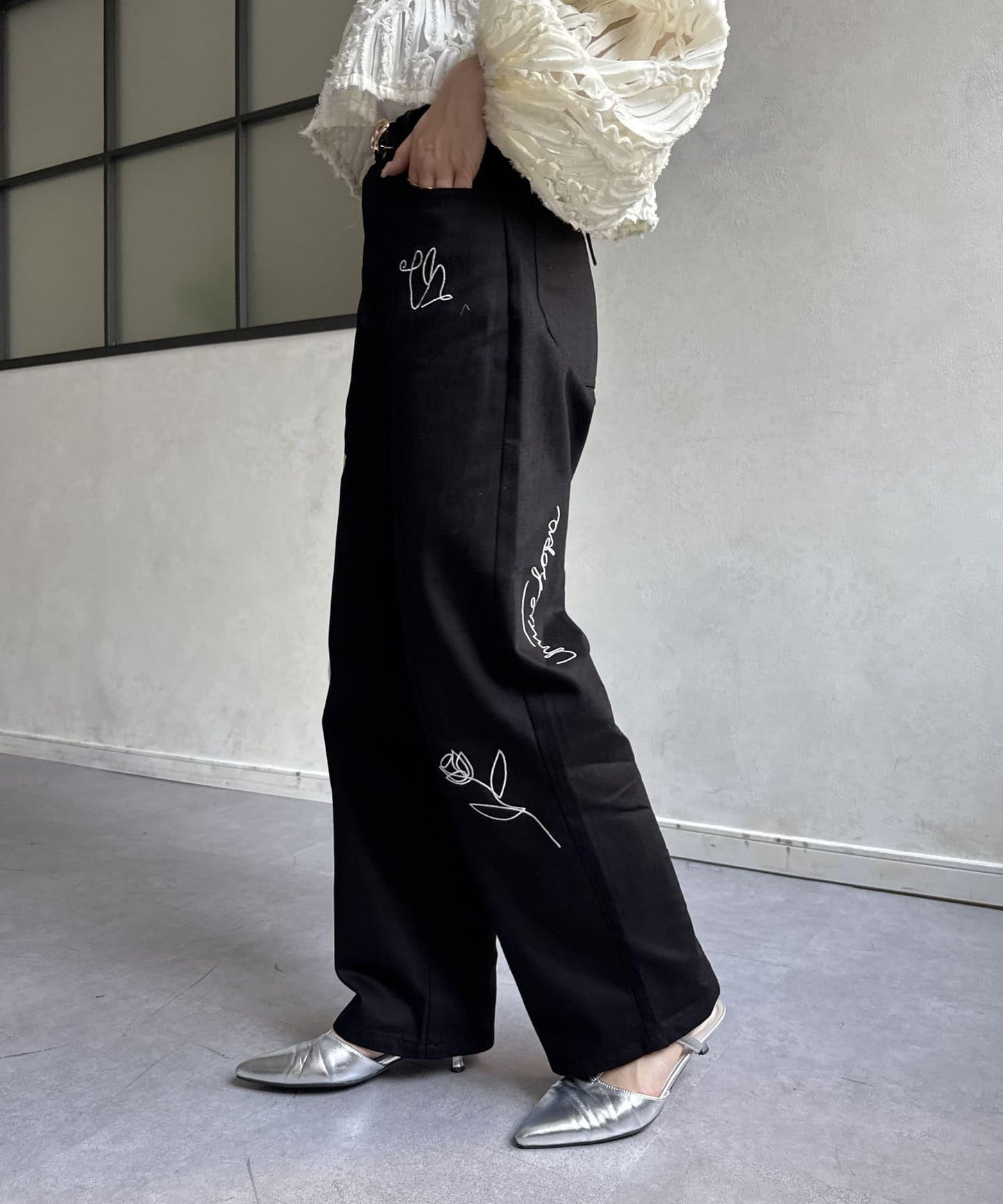 繪畫刺繡寬鬆褲