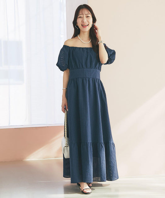 透明格紋泡泡袖連衣裙