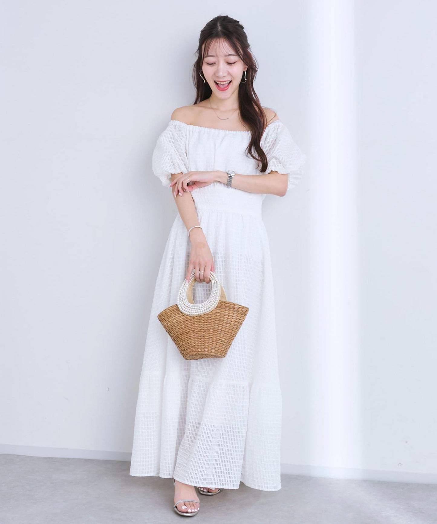 透明格紋泡泡袖連衣裙