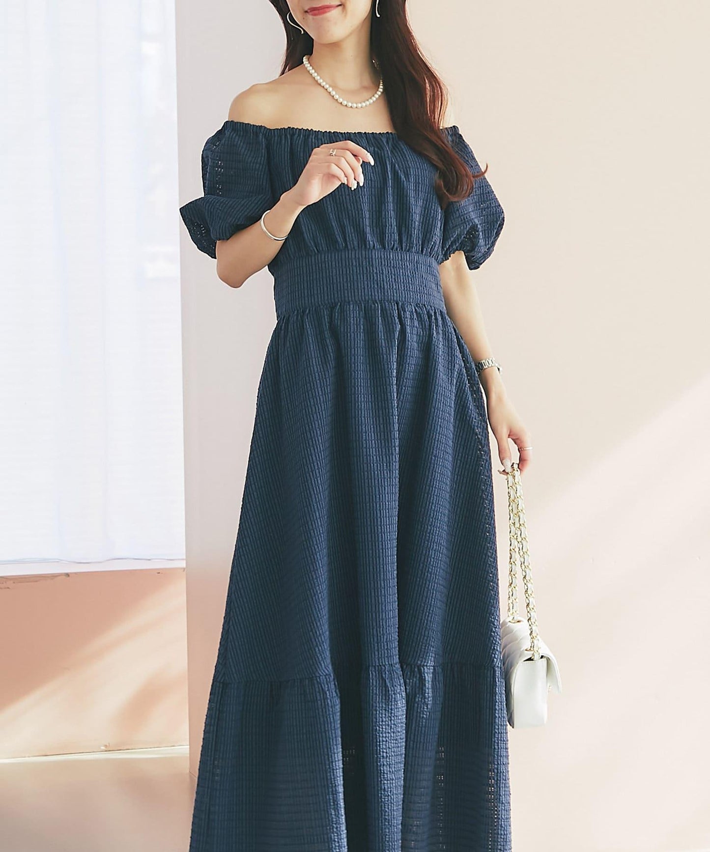 透明格紋泡泡袖連衣裙