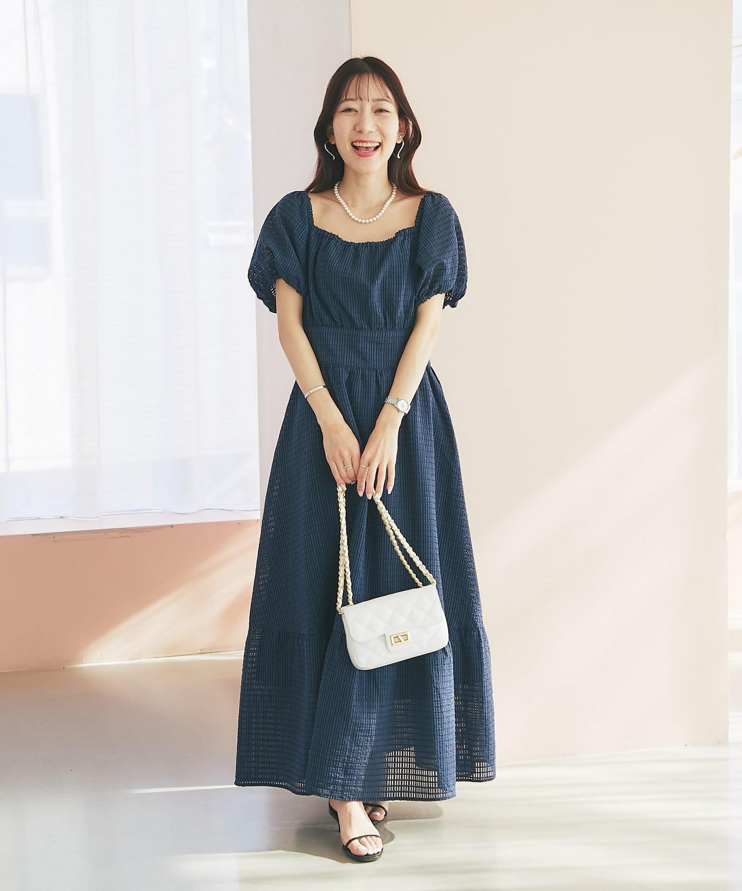 透明格紋泡泡袖連衣裙