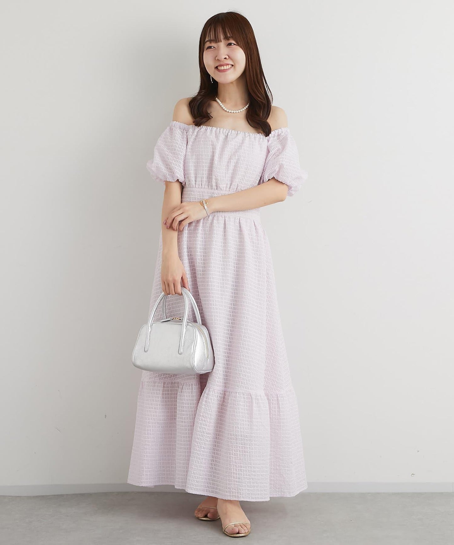 透明格紋泡泡袖連衣裙