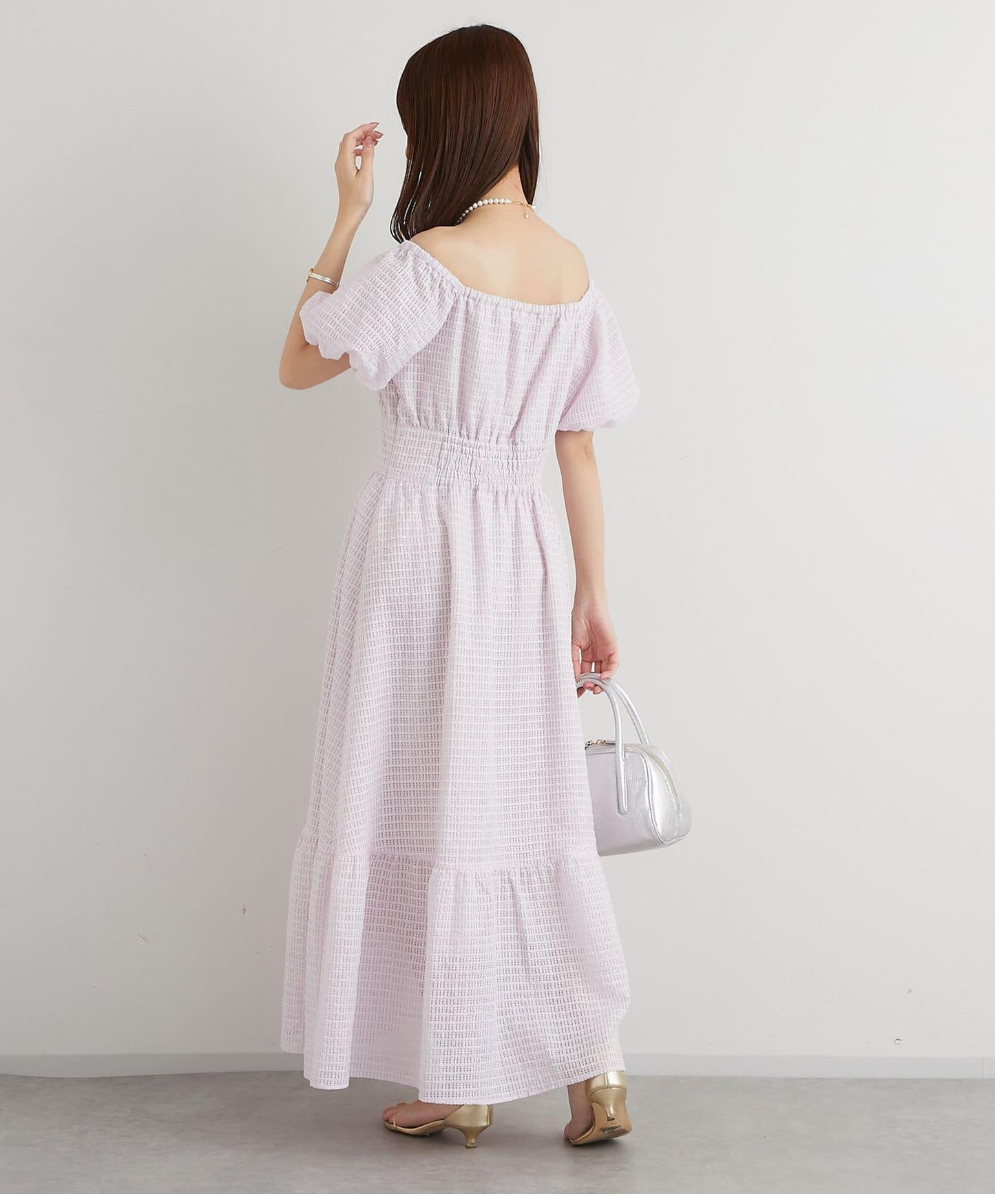 透明格紋泡泡袖連衣裙