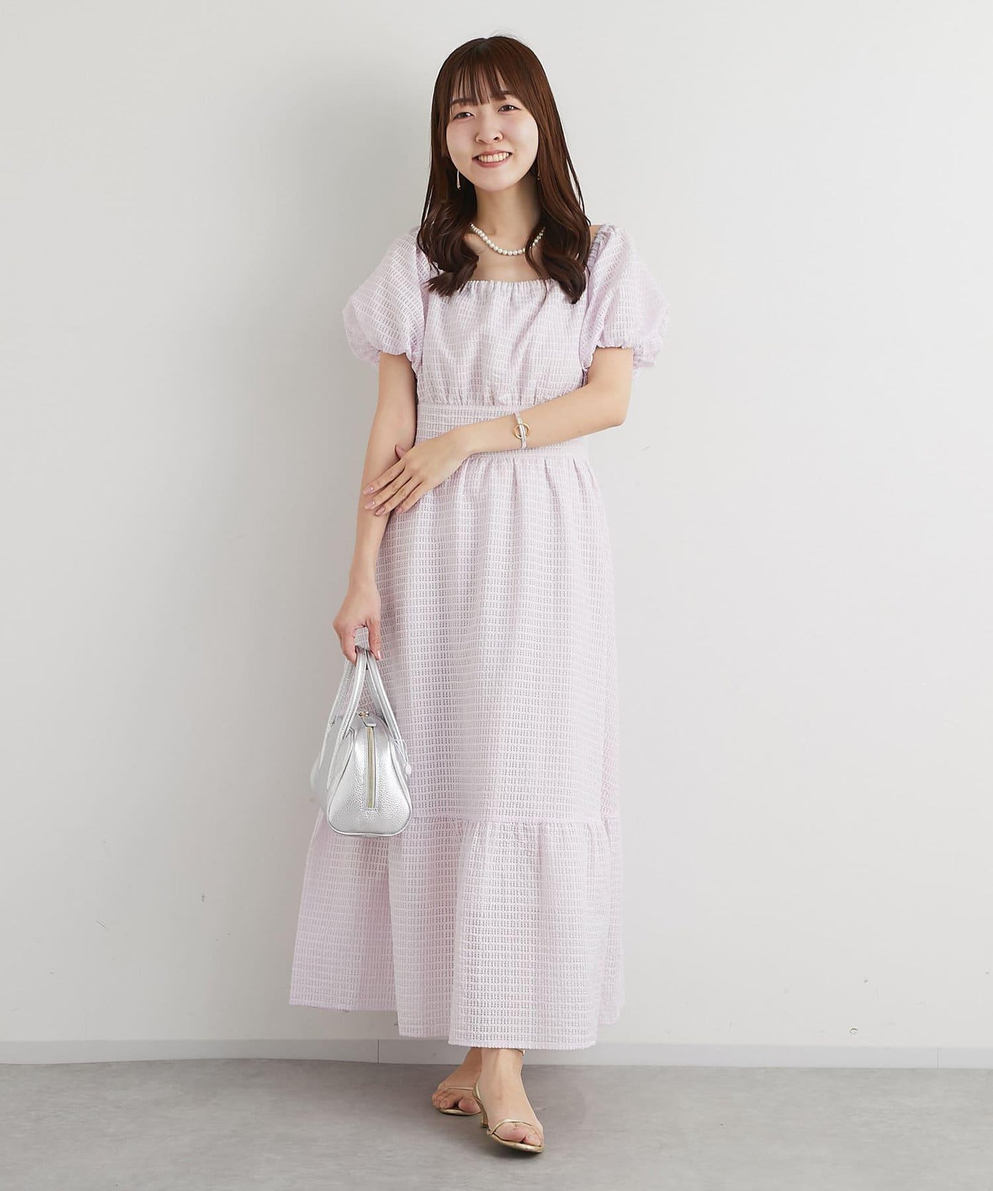 透明格紋泡泡袖連衣裙