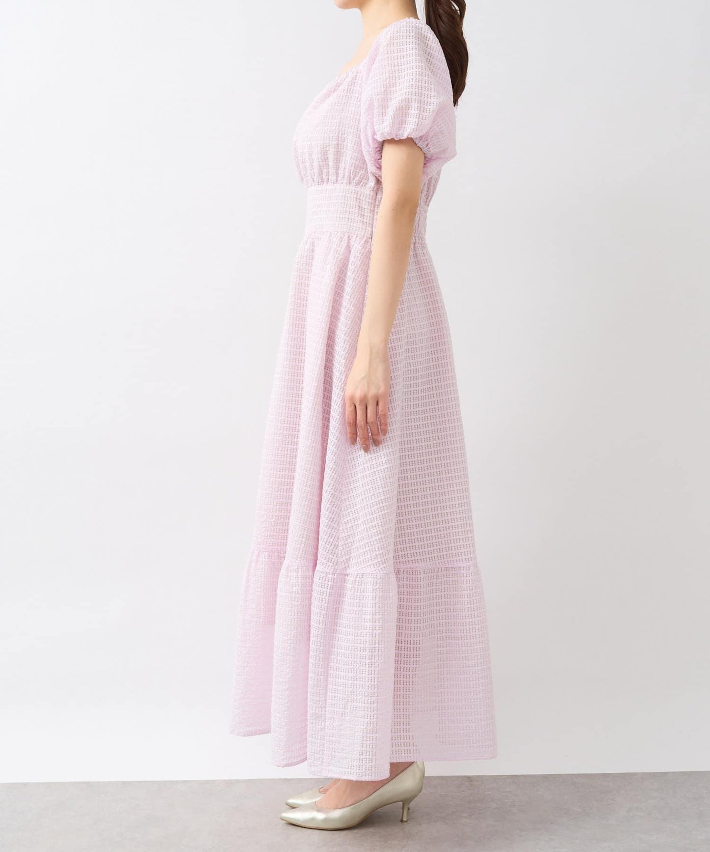 透明格紋泡泡袖連衣裙