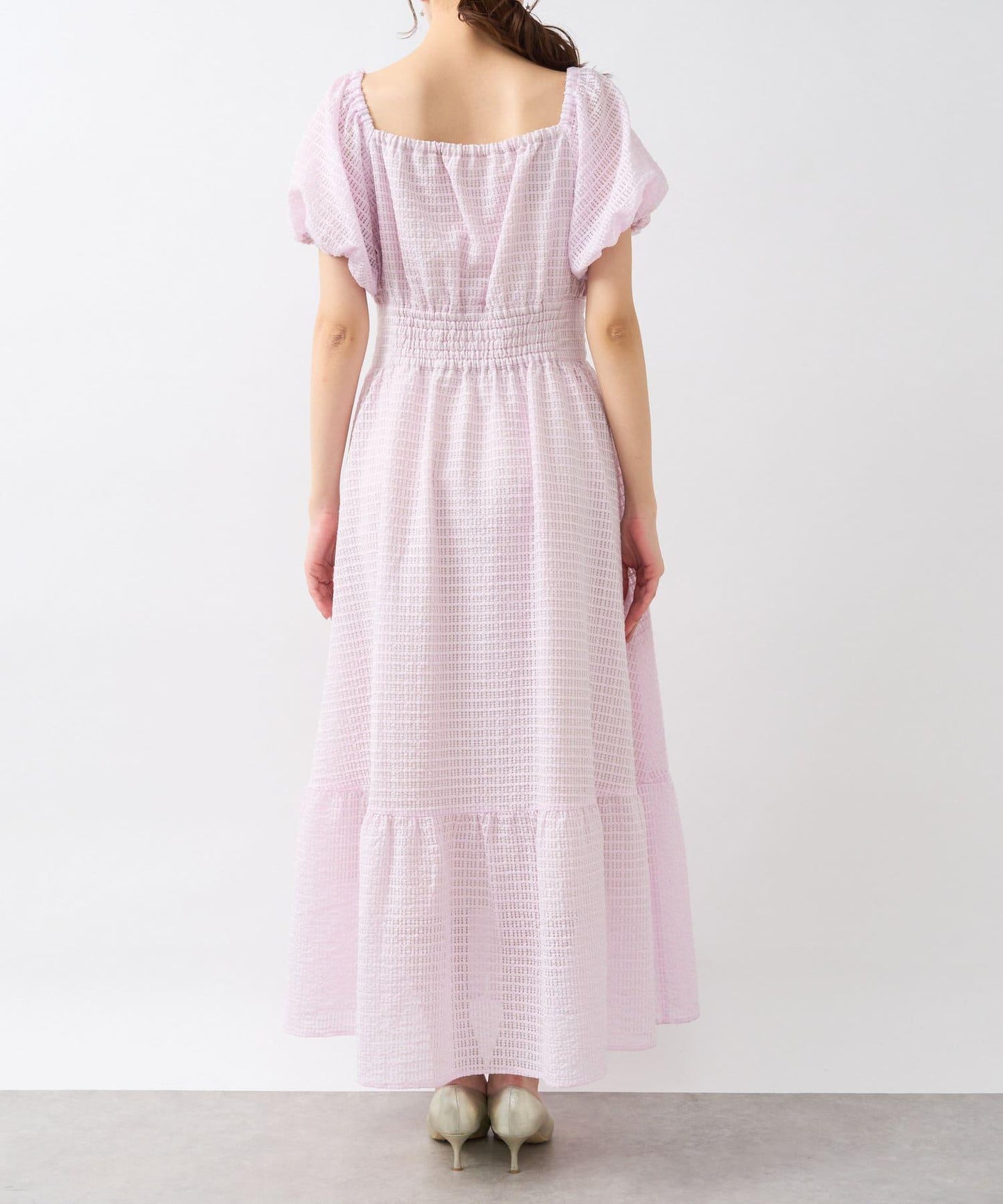 透明格紋泡泡袖連衣裙