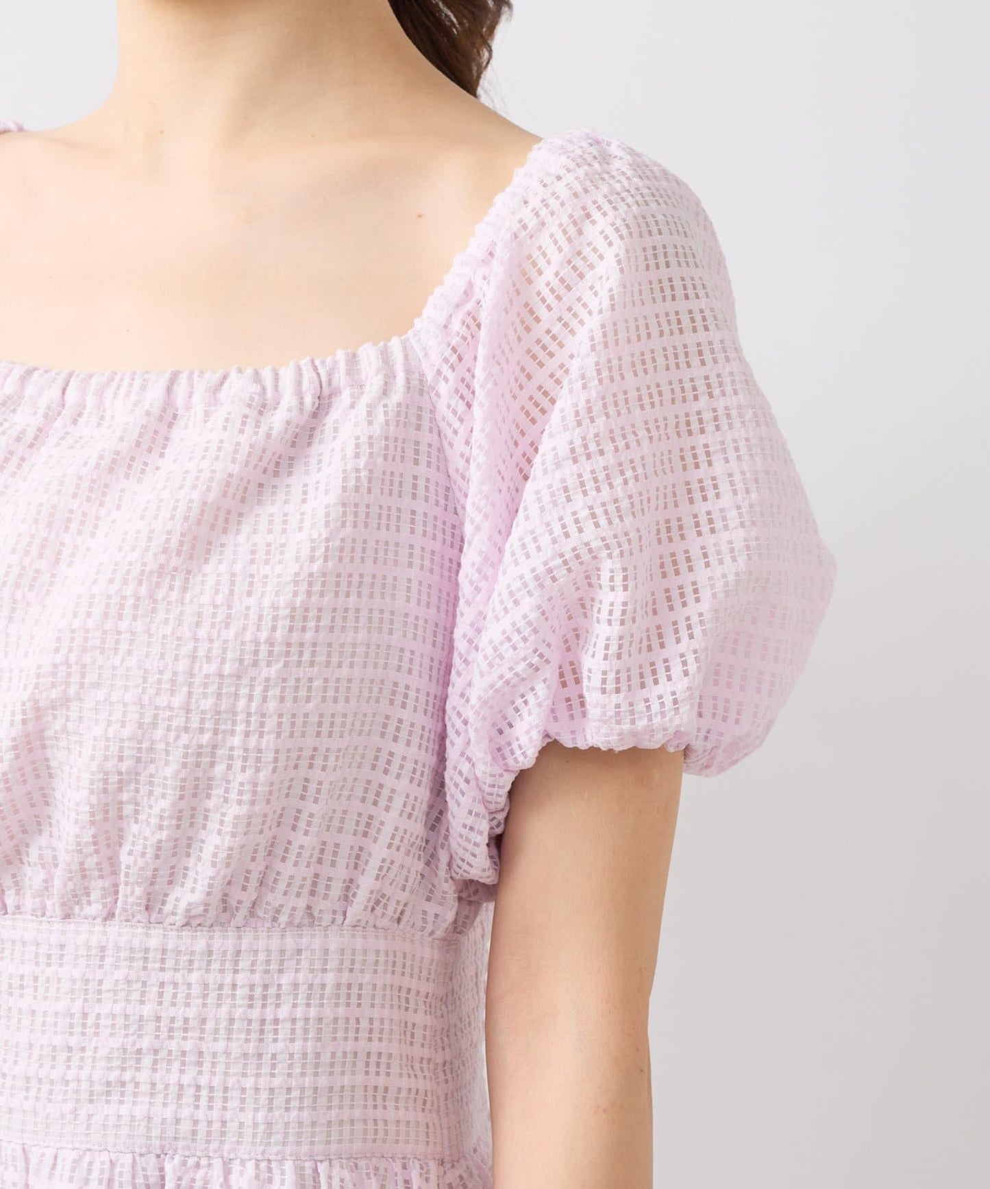 透明格紋泡泡袖連衣裙