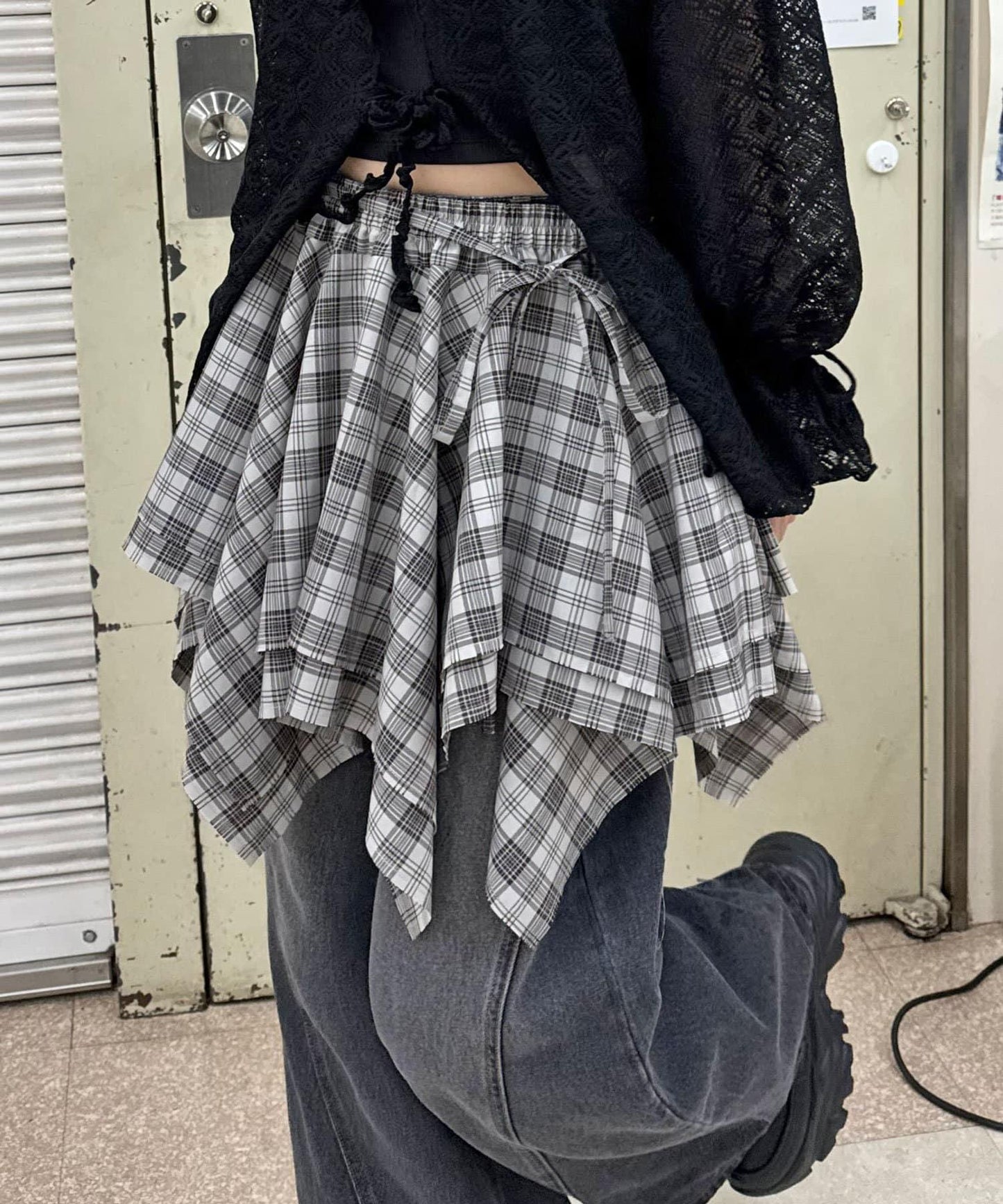 格紋高腰迷你裙