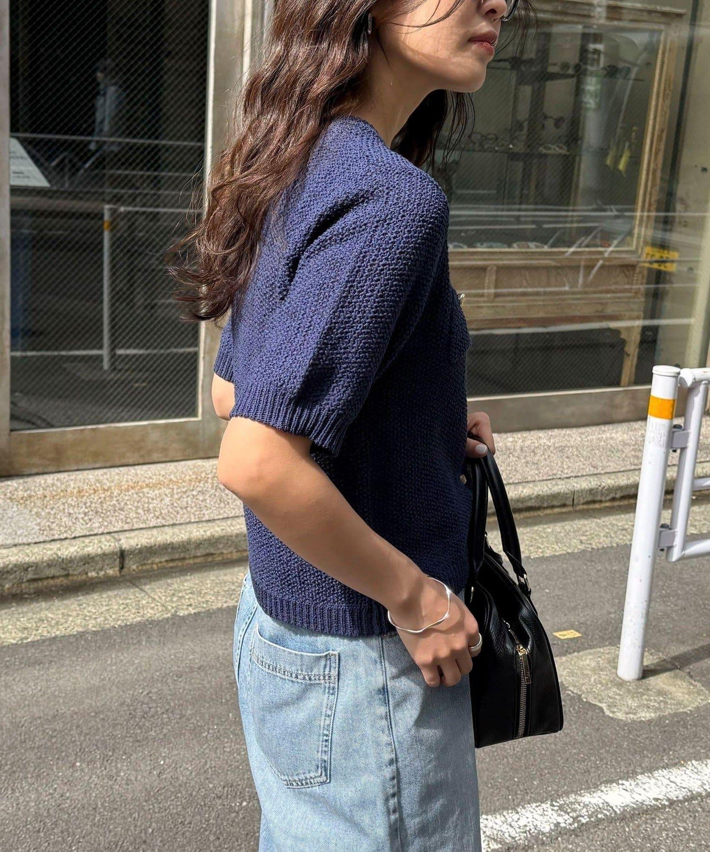 條紋紗半袖針織夾克
