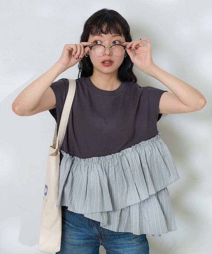 下襬荷葉邊條紋T恤