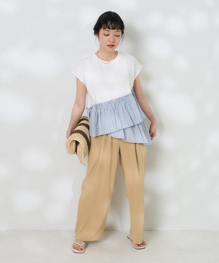 下襬荷葉邊條紋T恤