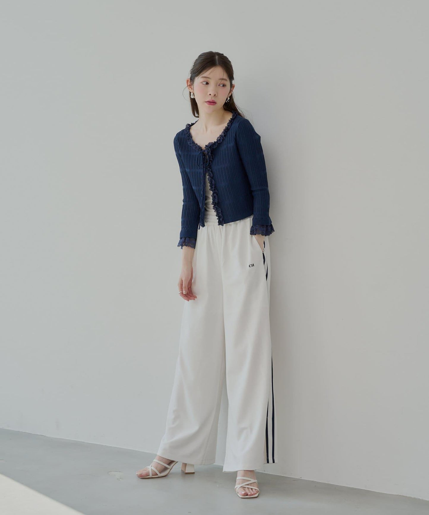 【7分袖】蕾絲拼接彈力針織開衫