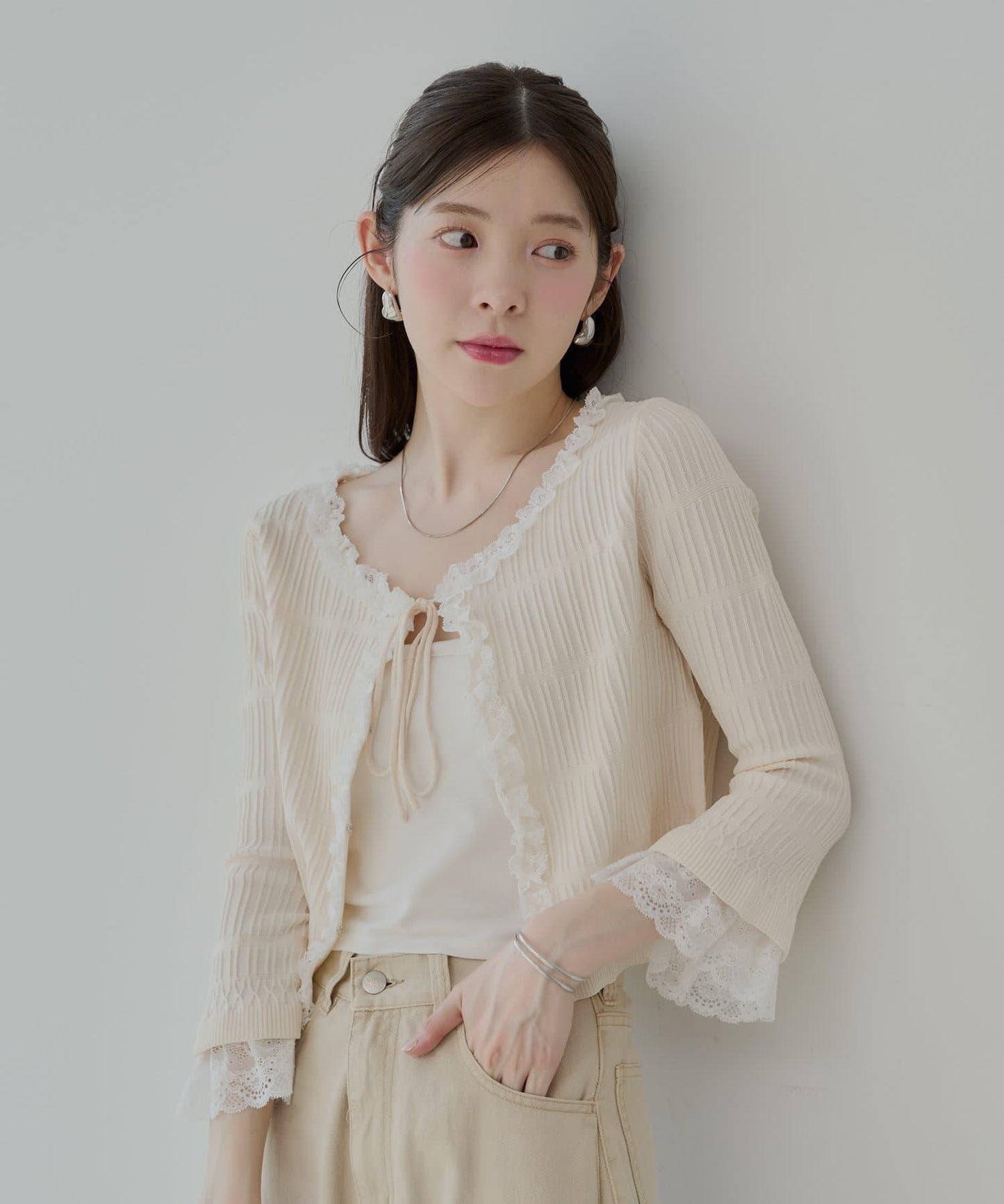【7分袖】蕾絲拼接彈力針織開衫
