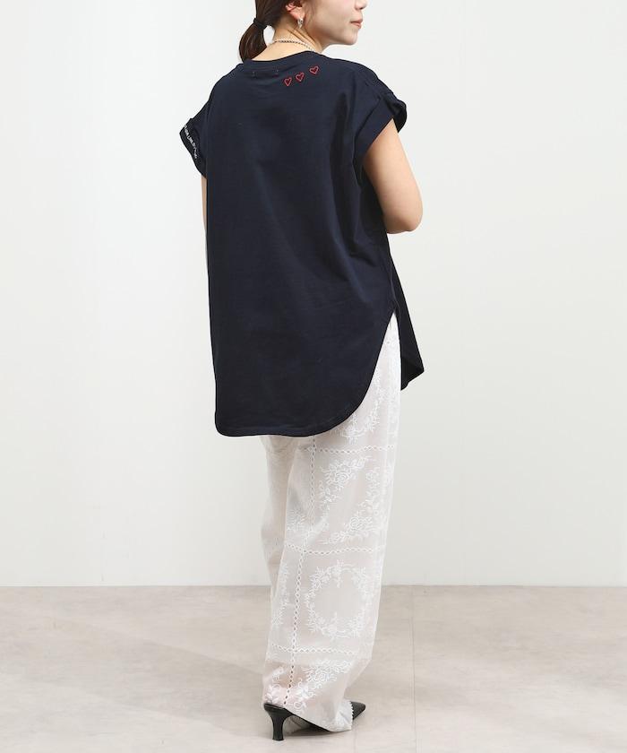 有機棉 卷邊愛心刺繡T恤