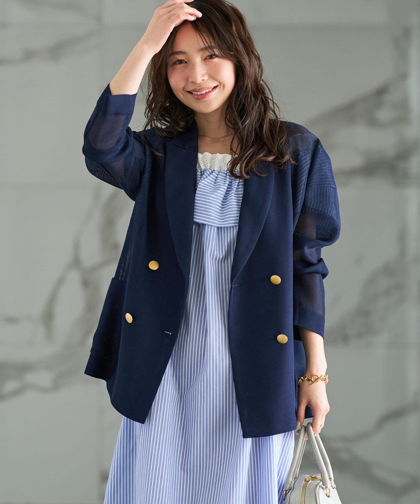 【人氣員工miki監修】網眼金屬鈕釦亮面夾克