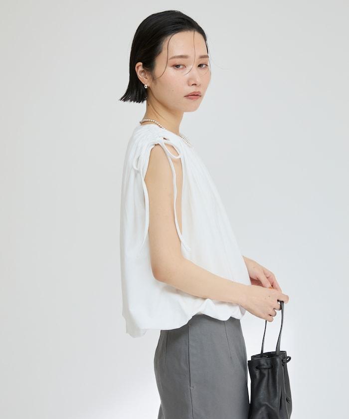 有機棉束褶垂墜上衣 / 法式短袖T恤 / 袖帶