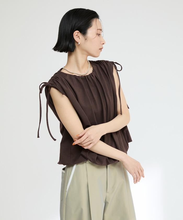 有機棉束褶垂墜上衣 / 法式短袖T恤 / 袖帶