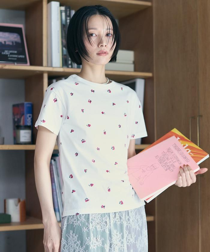 有機棉 花朵圖案印花T恤 / 緊身 短袖T恤