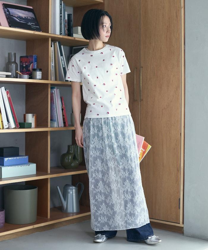 有機棉 花朵圖案印花T恤 / 緊身 短袖T恤