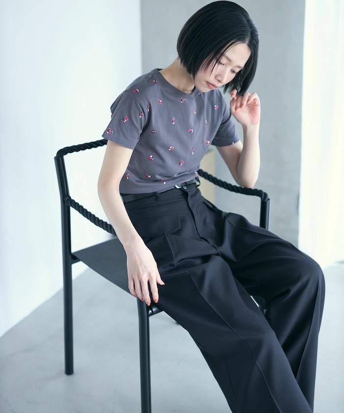 有機棉 花朵圖案印花T恤 / 緊身 短袖T恤