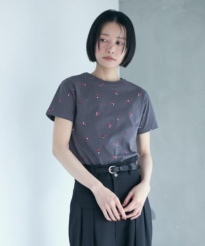 有機棉 花朵圖案印花T恤 / 緊身 短袖T恤
