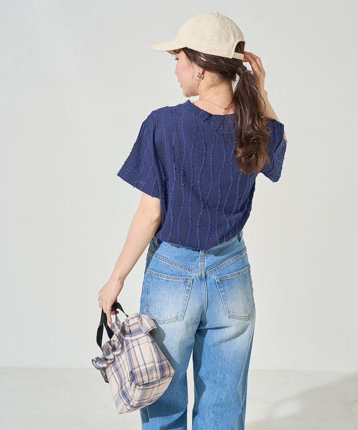 流蘇條紋提花短袖T恤