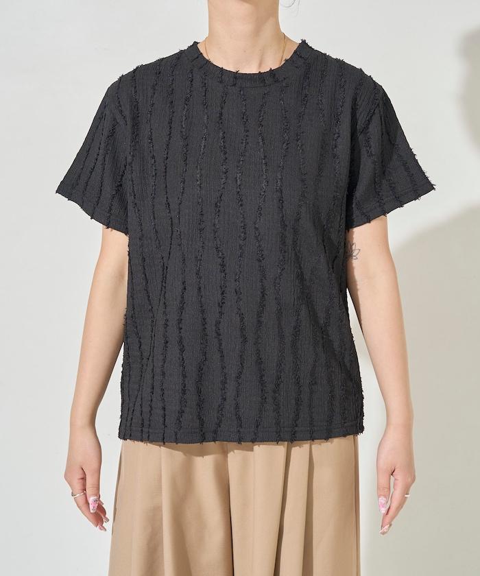 流蘇條紋提花短袖T恤