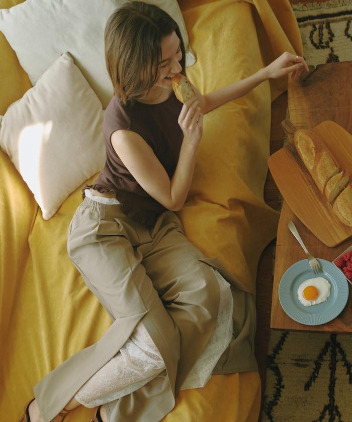 蕾絲×條紋 分裂寬鬆褲