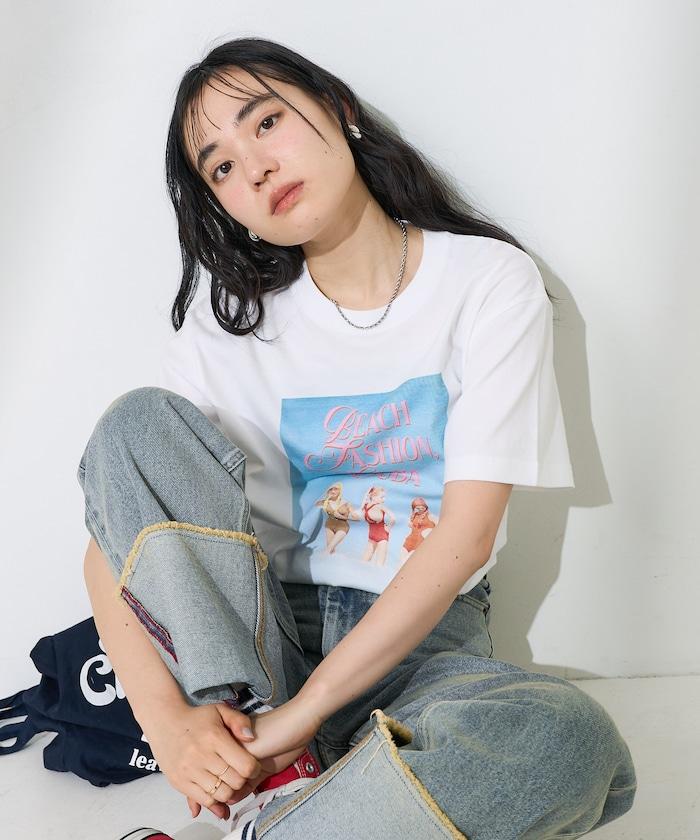 女孩子海灘照片印花T恤