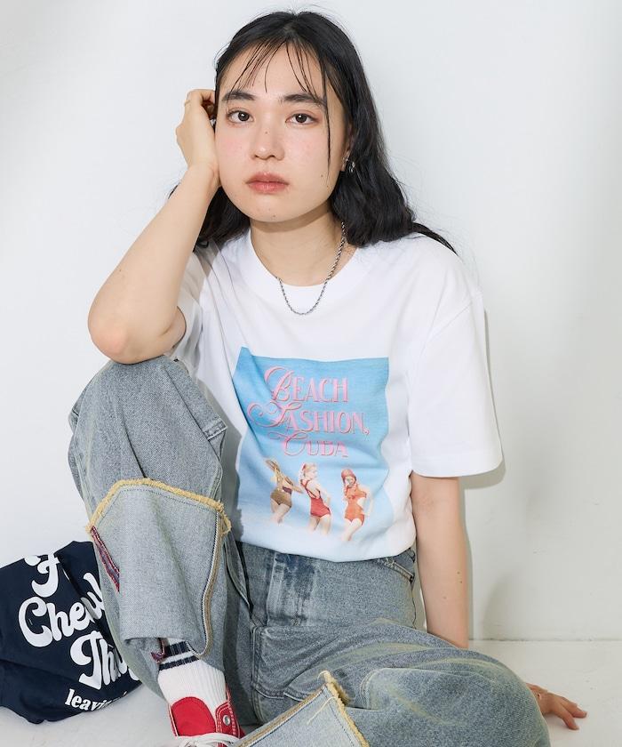 女孩子海灘照片印花T恤