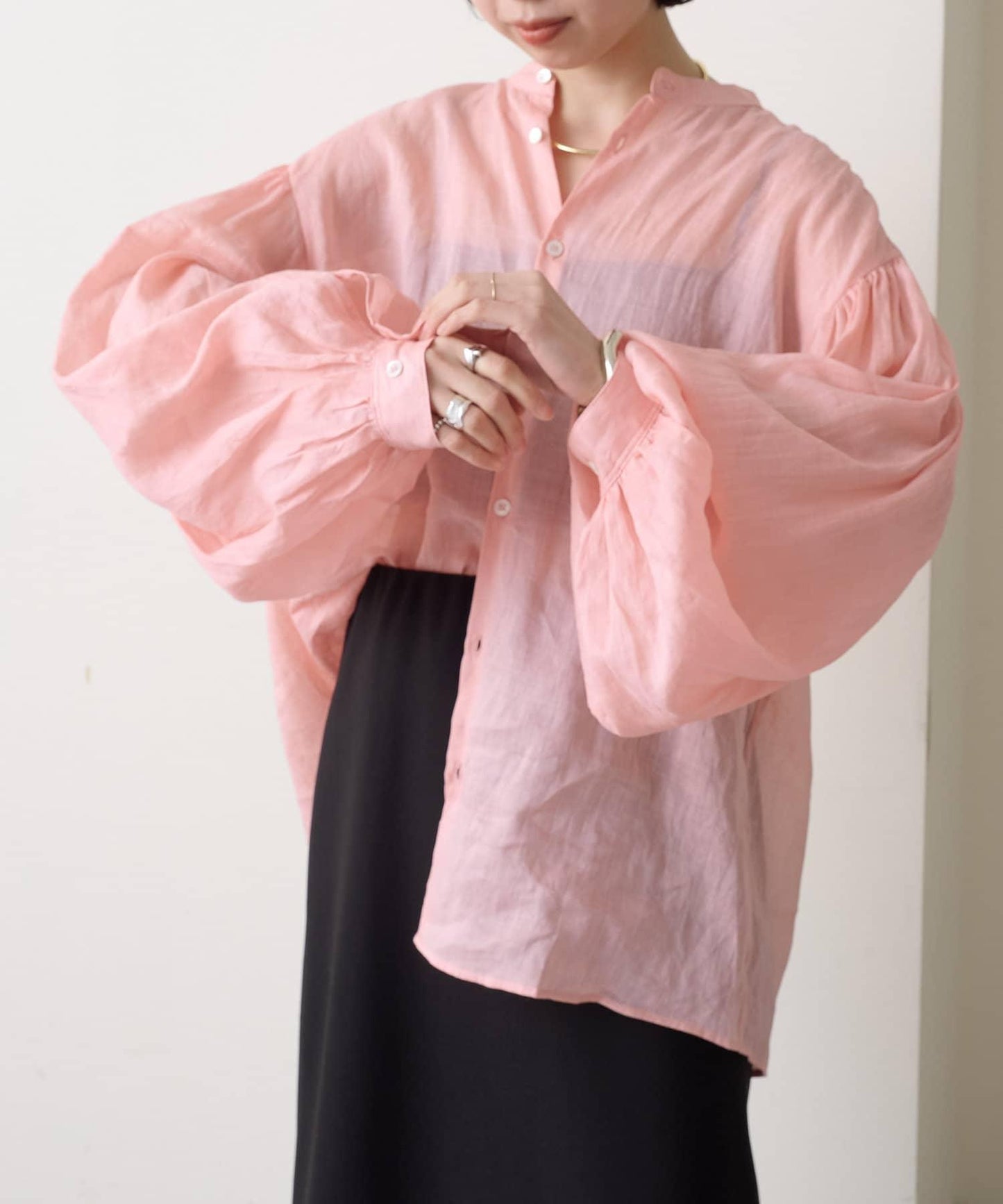 透明亞麻泡泡袖襯衫
