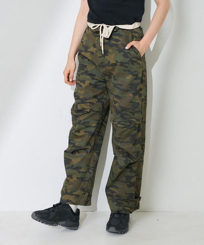 一洗迷彩圖案褲子/迷彩寬鬆褲