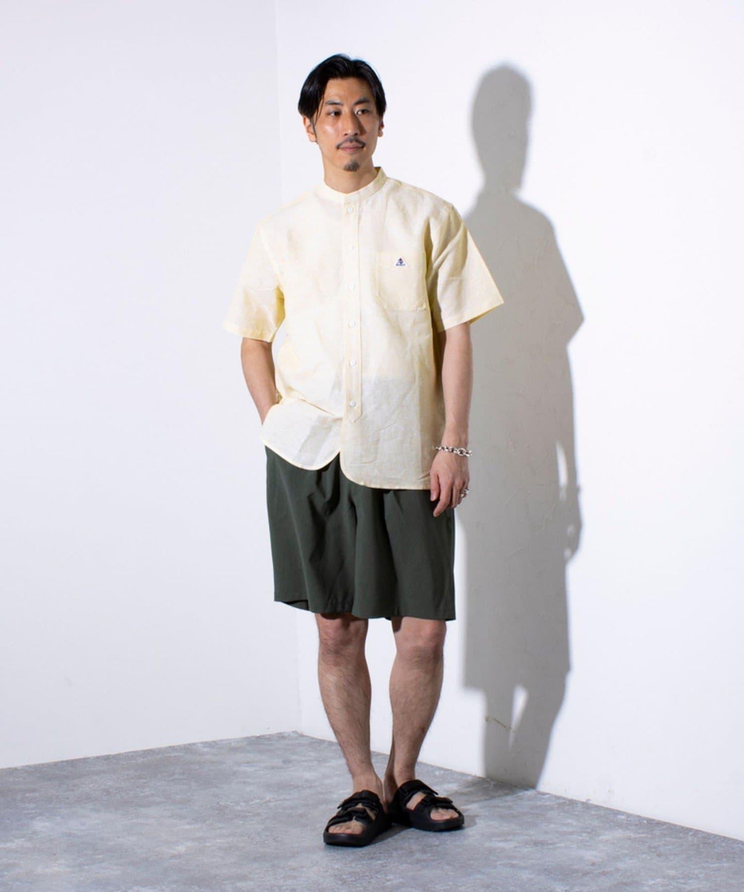【GEVACO】棉麻 領帶領 半袖襯衫 一點標誌條紋