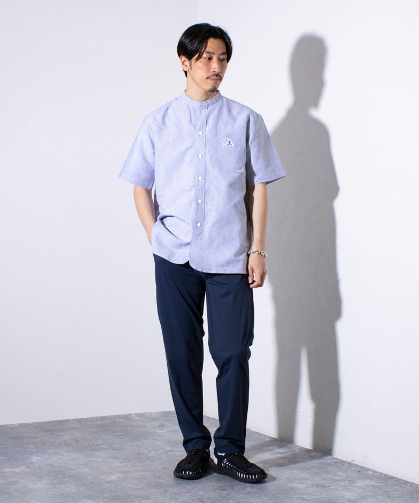 【GEVACO】棉麻 領帶領 半袖襯衫 一點標誌條紋