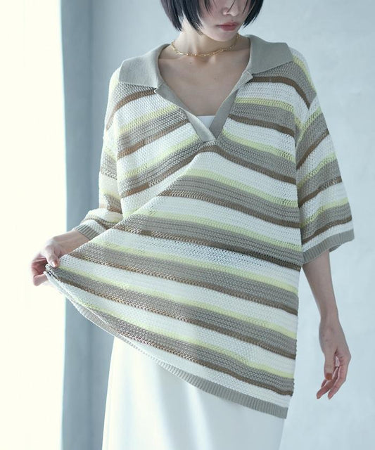 超大號條紋立領針織衫 / 5分袖套頭針織衫